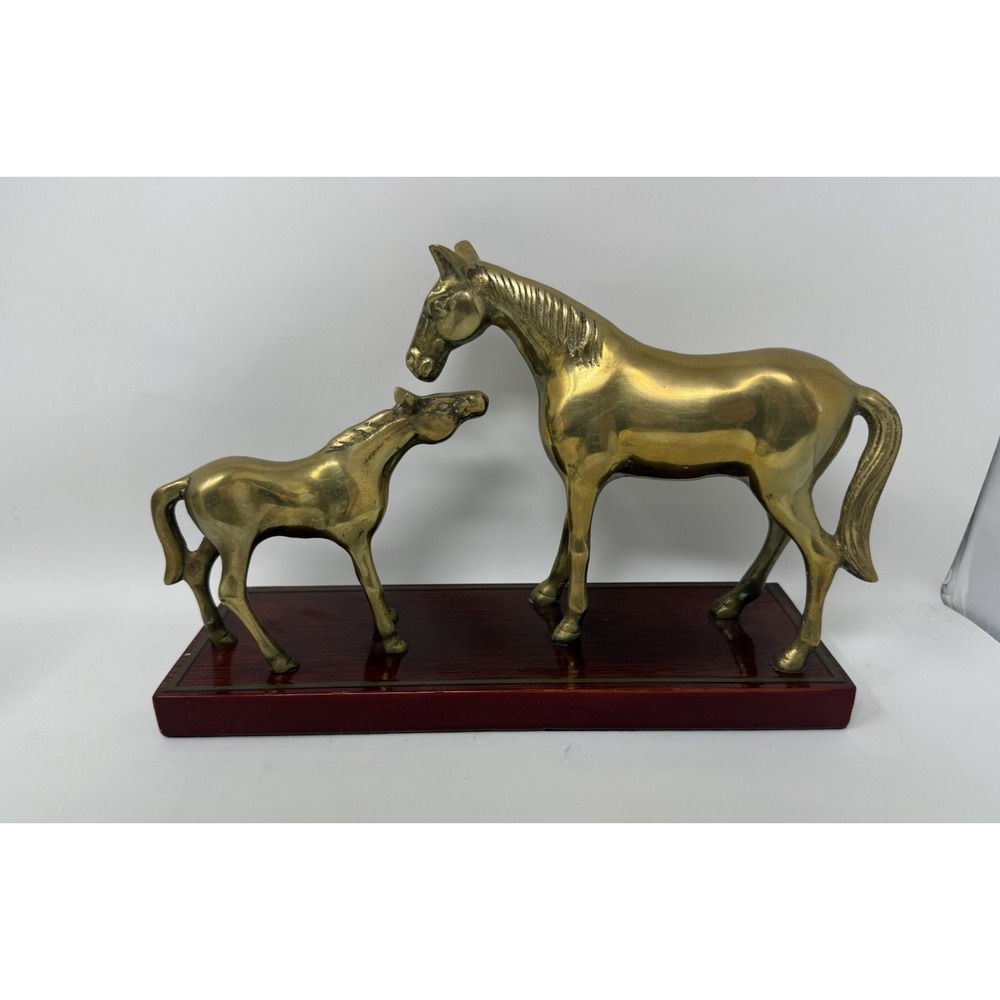 Vintage Brass Mare & Colt Horse Brass Metal Statue Figure With A Wood Base